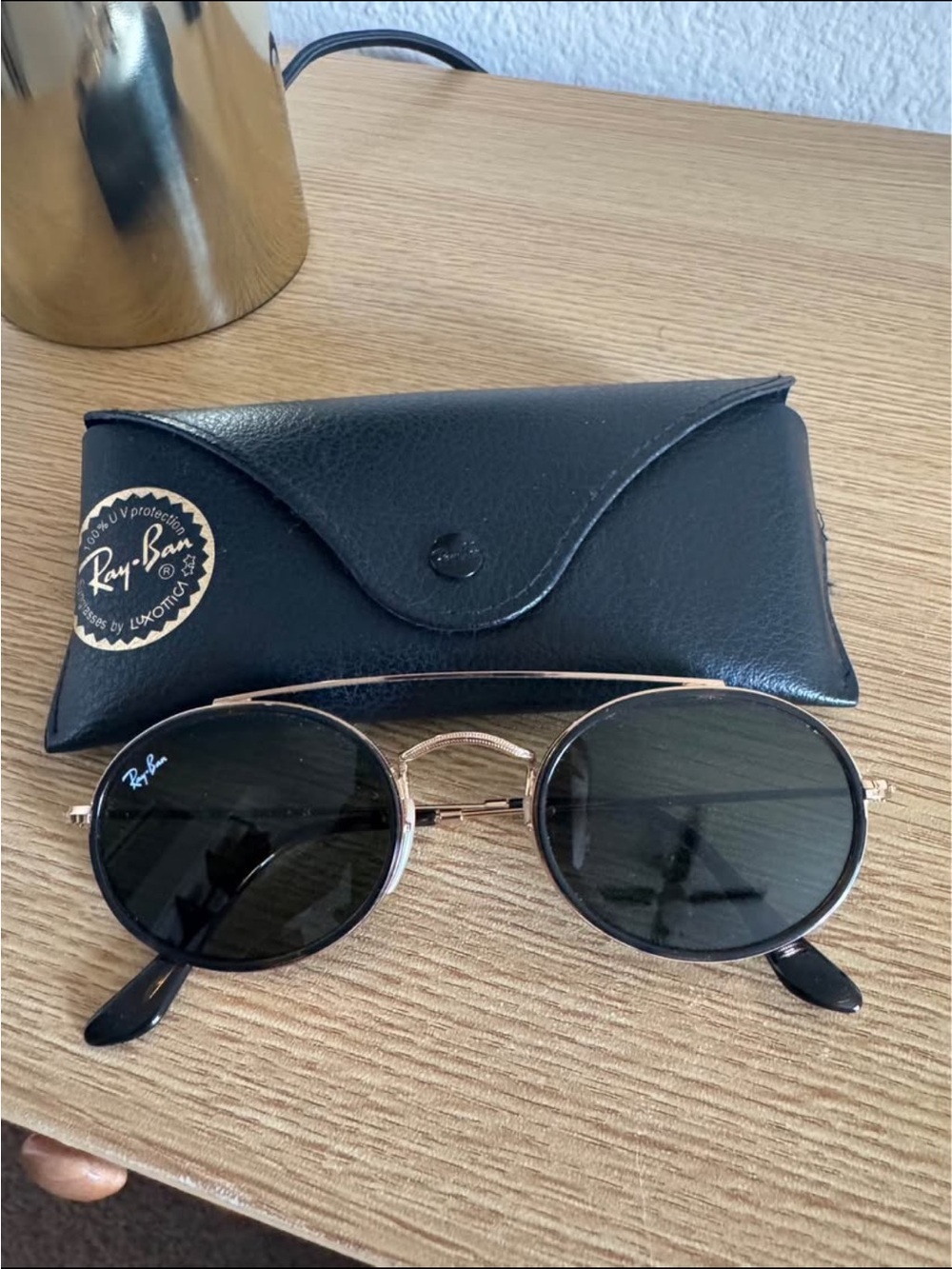 Ray-Ban Gold Frame Black Lens Round Sunglasses with Case